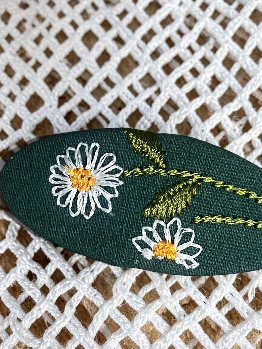 Embroidered Daisy Hair Clip | Forest Green Floral Snap Barrette